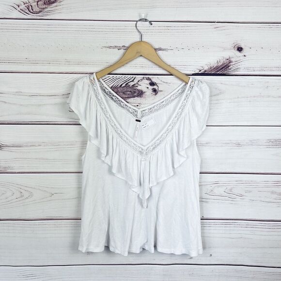Free People White Ruffle V Neck Flowy Blouse Sz Medium - Picture 2 of 5